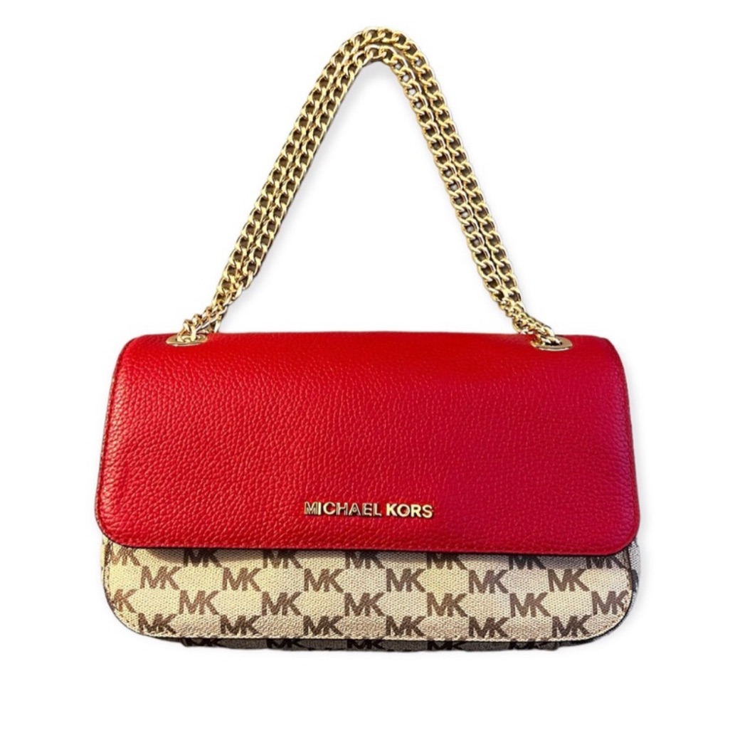 New Michael Kors Scarlet & Natural Small Flap Logo Bag Jet Set Chain 38h8ctcf1v